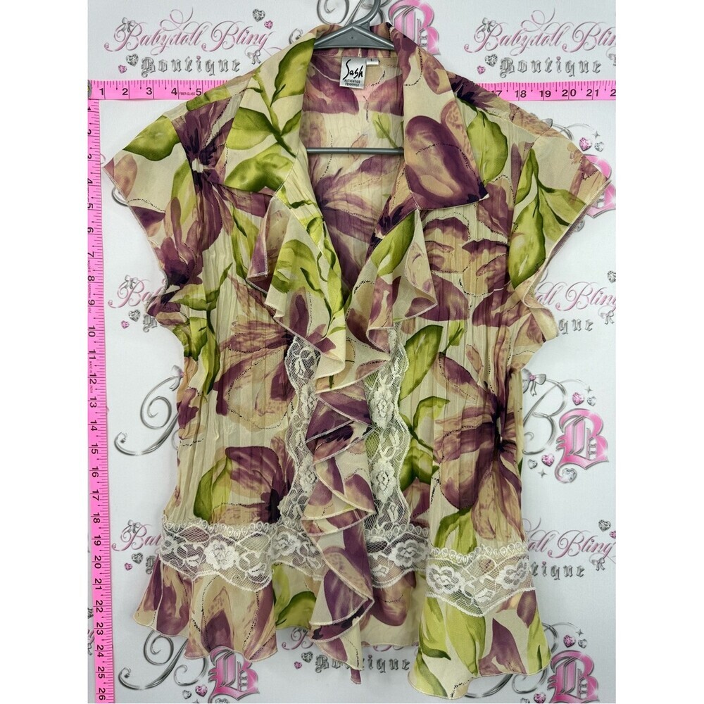 Sash blouse y2k Floral Ruffle Lace Women's Top - Purple & Green